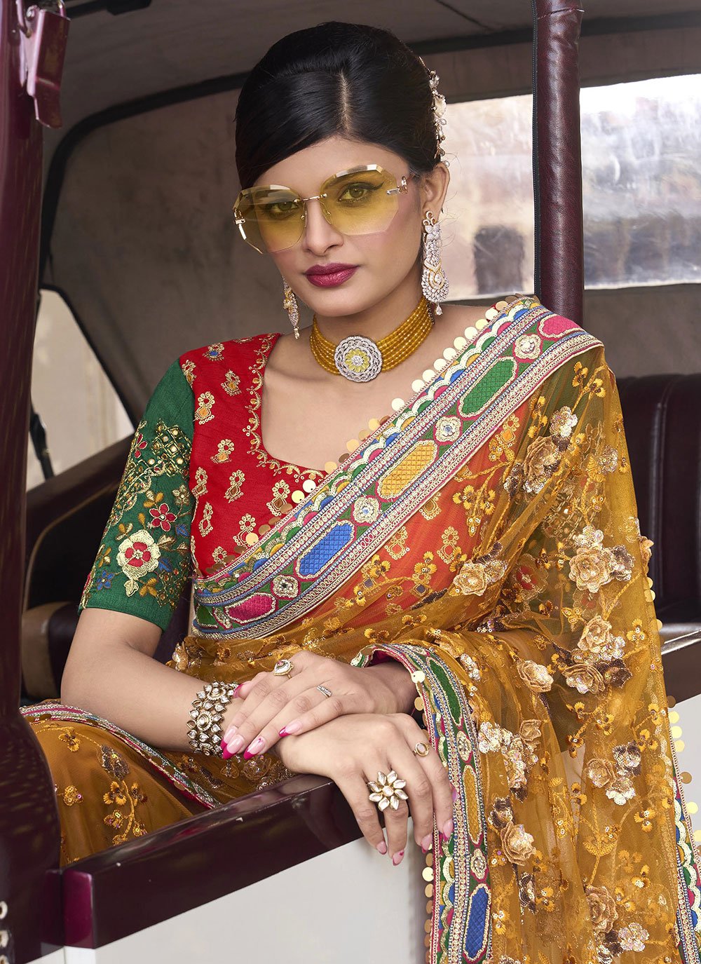 Designer Net Mustard Embroidered Saree