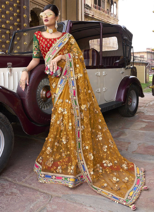 Designer Net Mustard Embroidered Saree