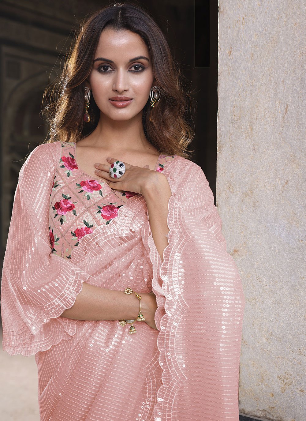 Classic Net Pink Embroidered Saree