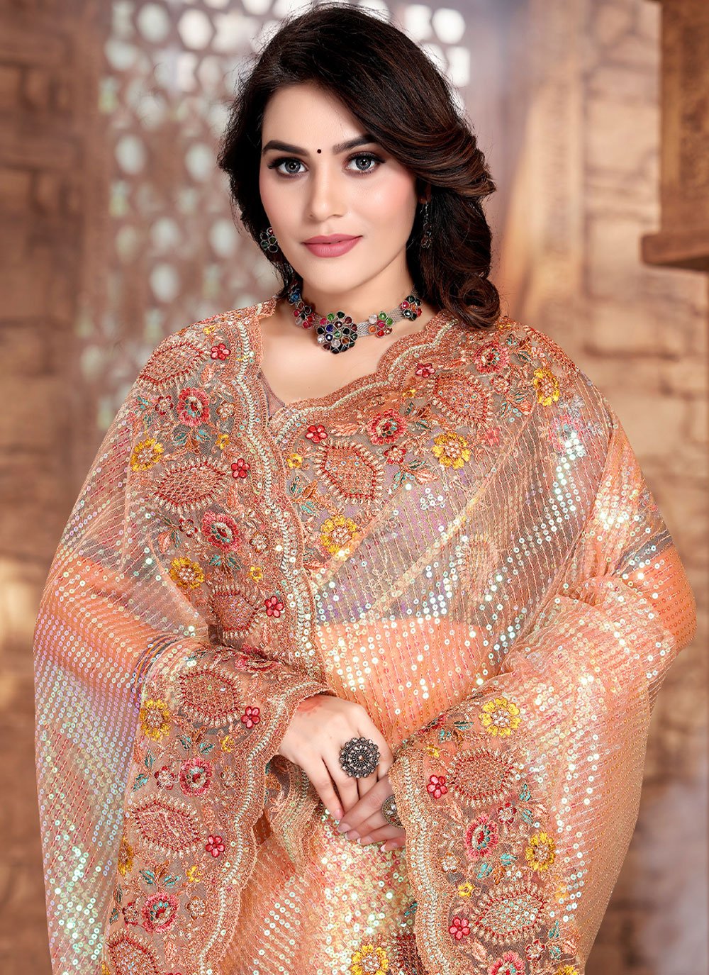 Classic Net Peach Embroidered Saree