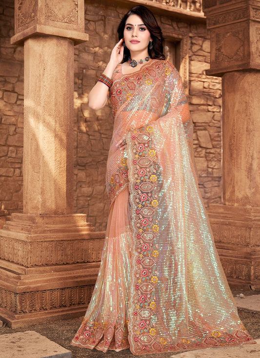 Classic Net Peach Embroidered Saree