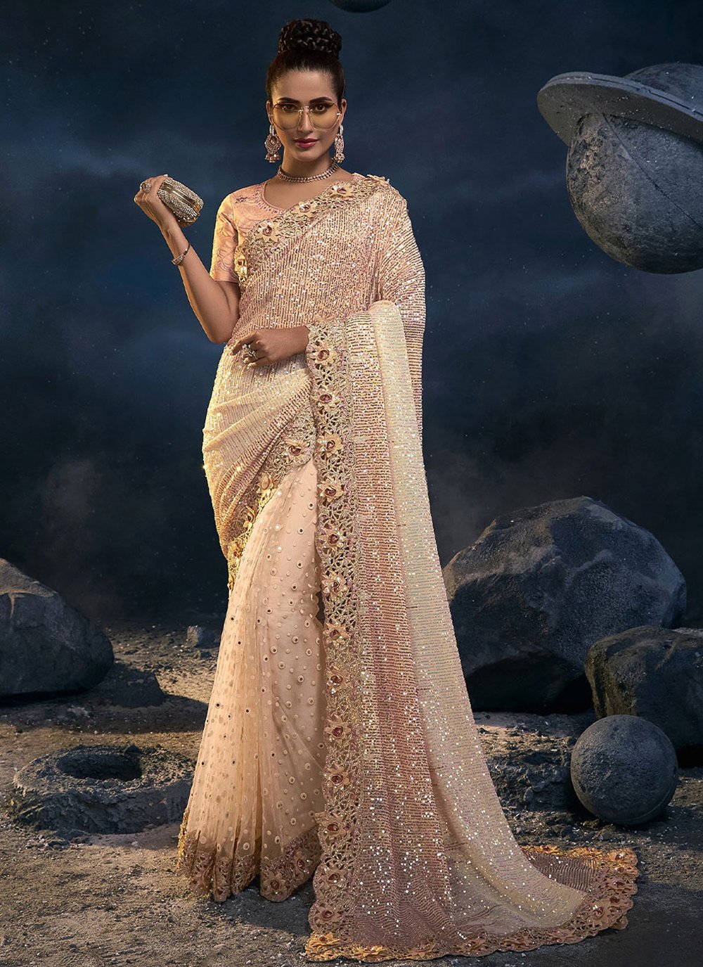 Trendy Saree Net Peach Embroidered Saree