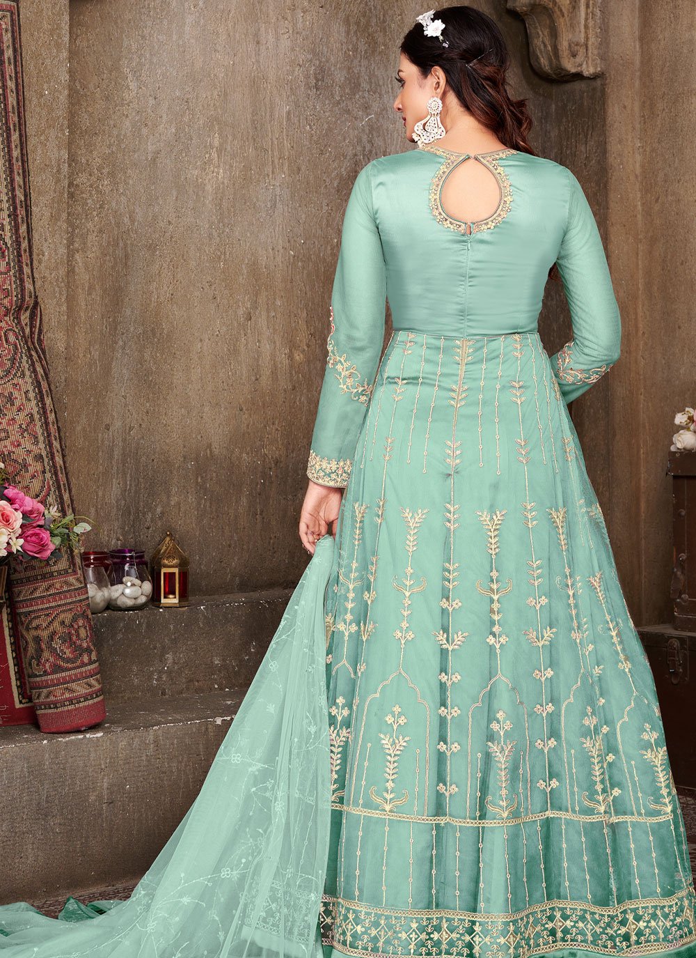 Trendy Suit Net Turquoise Embroidered Salwar Kameez