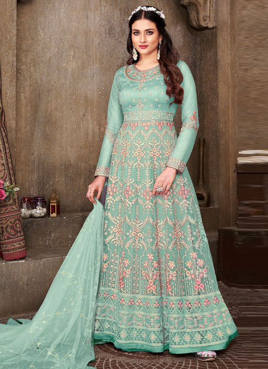 Trendy Suit Net Turquoise Embroidered Salwar Kameez