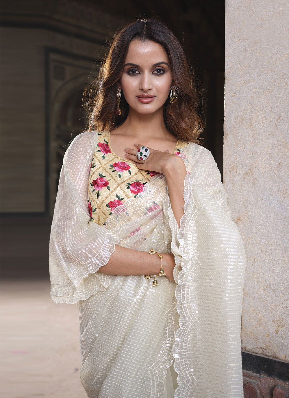 Contemporary Net White Sequins Saree