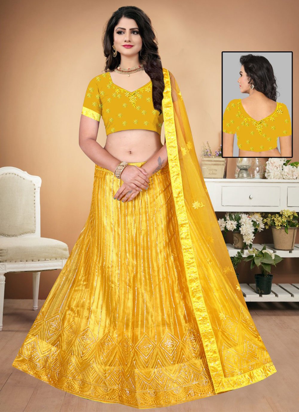 Lehenga Choli Net Yellow Sequins Lehenga Choli