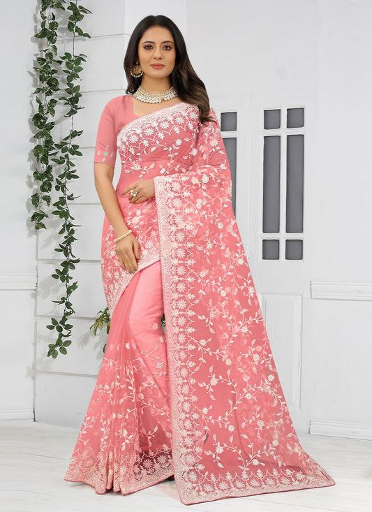 Contemporary Net Peach Embroidered Saree