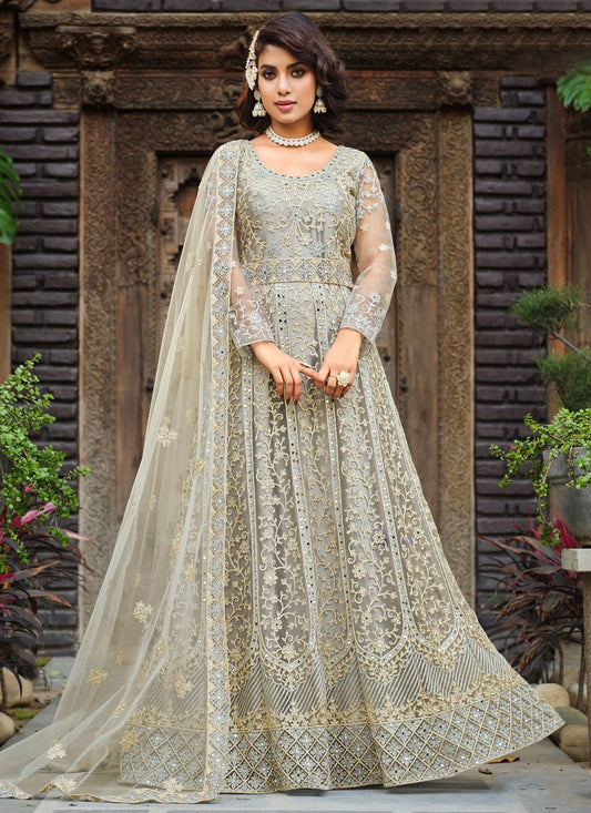 Salwar Suit Net Grey Embroidered Salwar Kameez