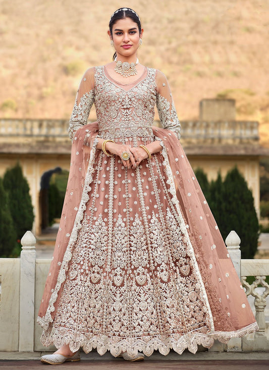 Anarkali Suit Net Peach Embroidered Salwar Kameez