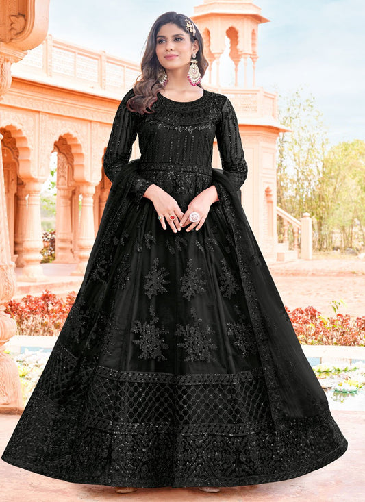 Trendy Suit Net Black Embroidered Salwar Kameez
