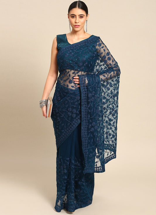 Classic Net Blue Embroidered Saree