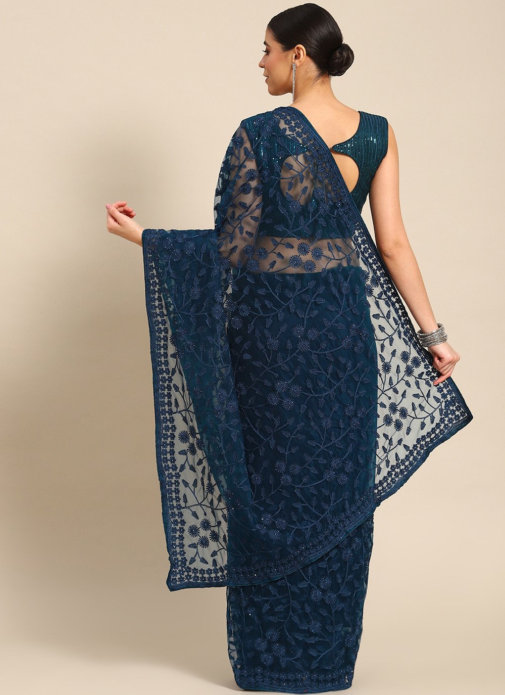 Classic Net Blue Embroidered Saree