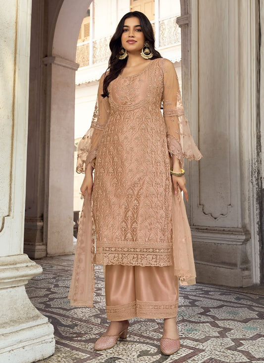 Straight Salwar Suit Net Beige Embroidered Salwar Kameez