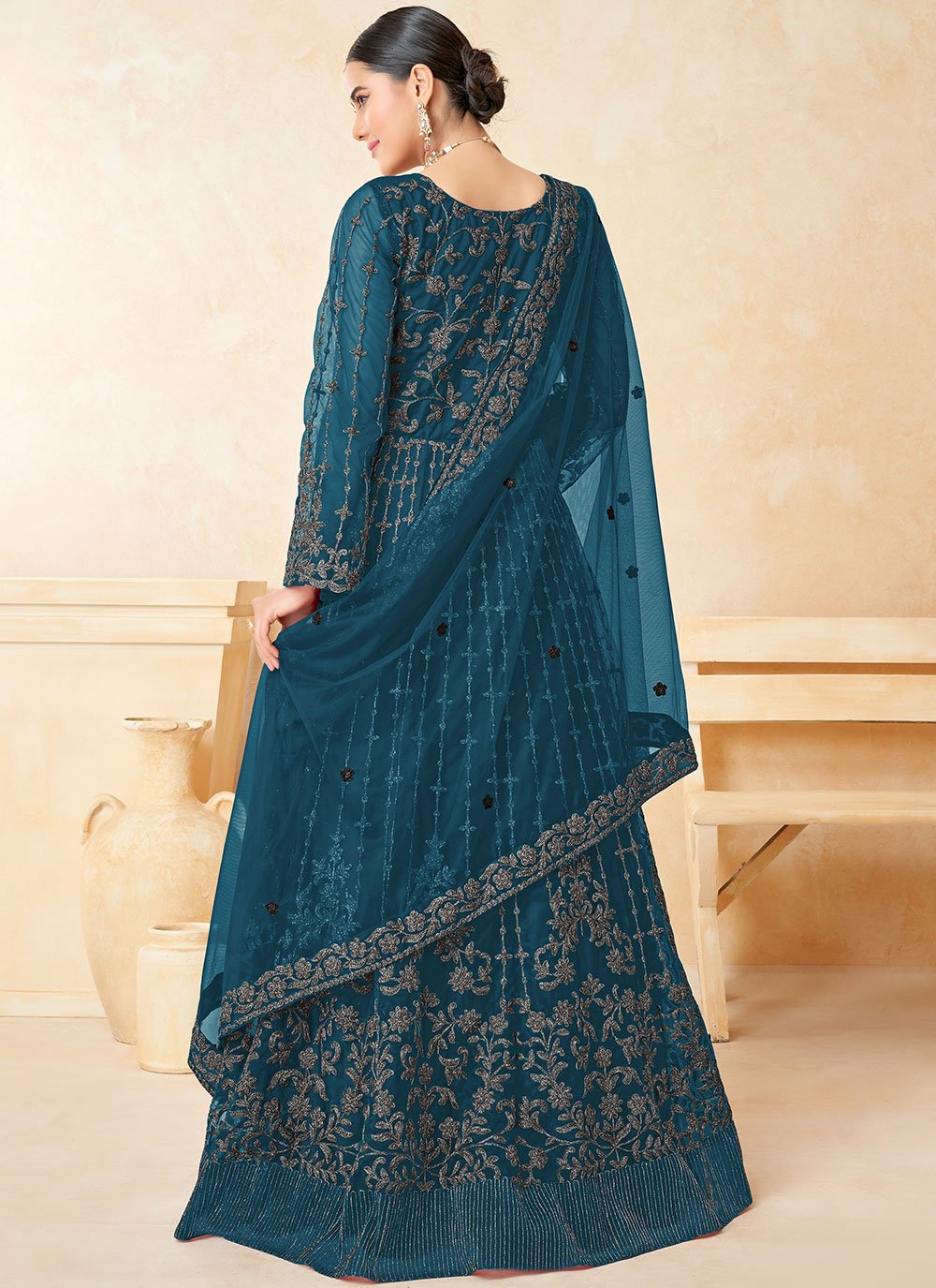 Salwar Suit Net Teal Embroidered Salwar Kameez