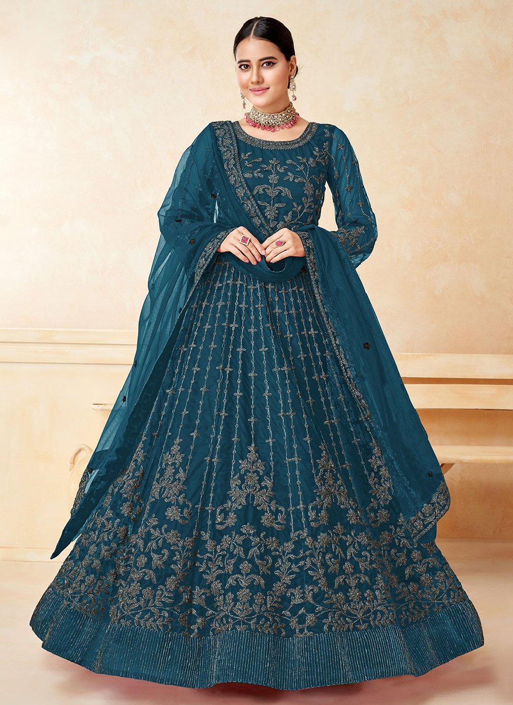 Salwar Suit Net Teal Embroidered Salwar Kameez