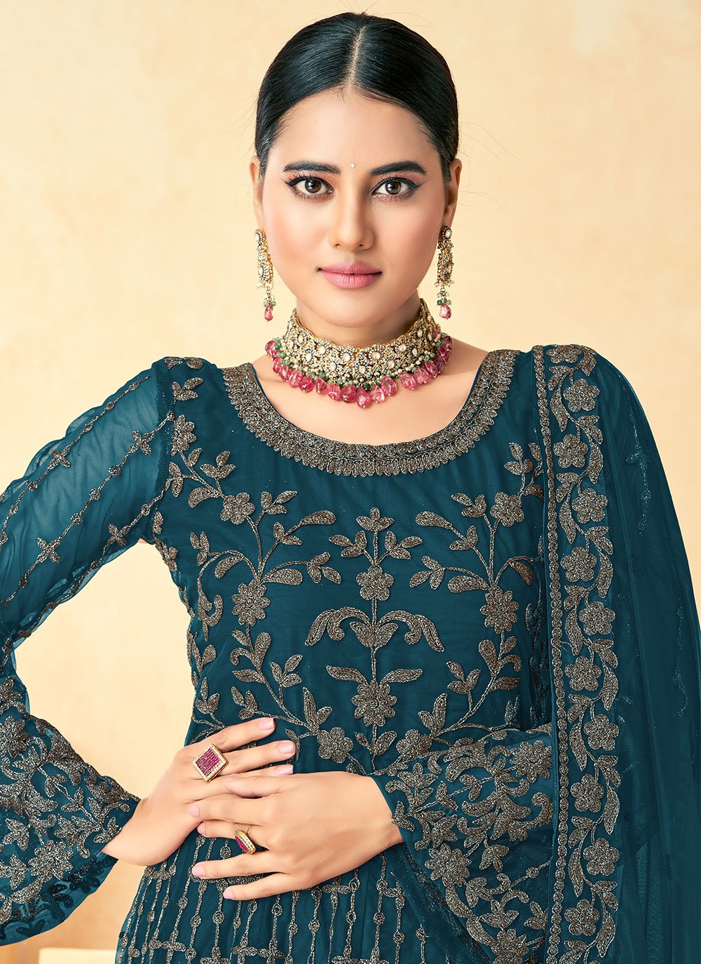 Salwar Suit Net Teal Embroidered Salwar Kameez