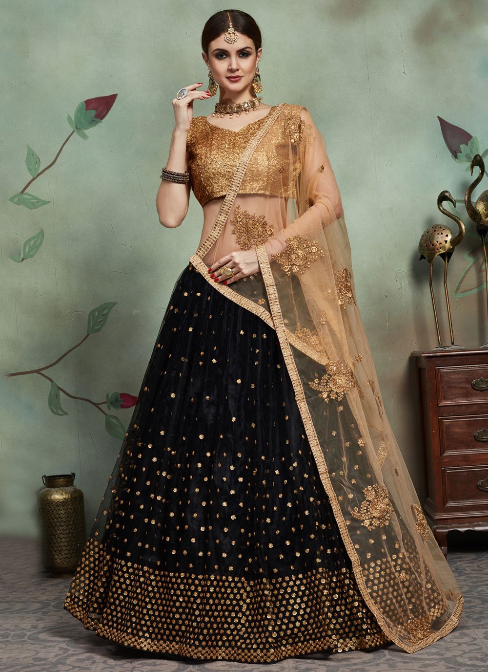 Lehenga Choli Net Black Embroidered Lehenga Choli