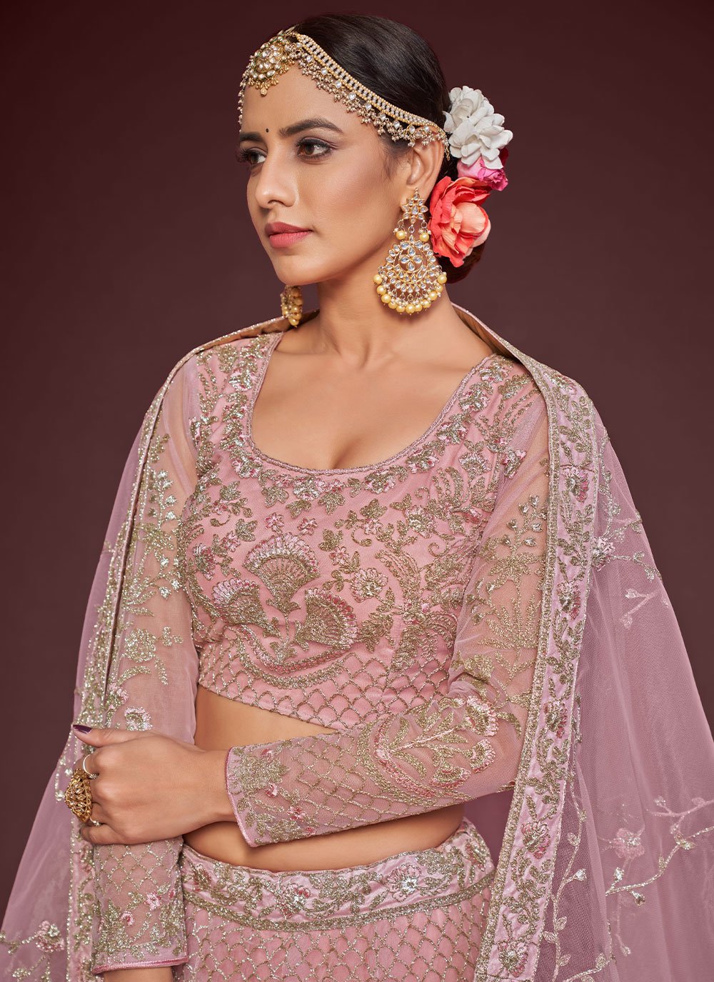 A Line Lehenga Net Pink Dori Work Lehenga Choli