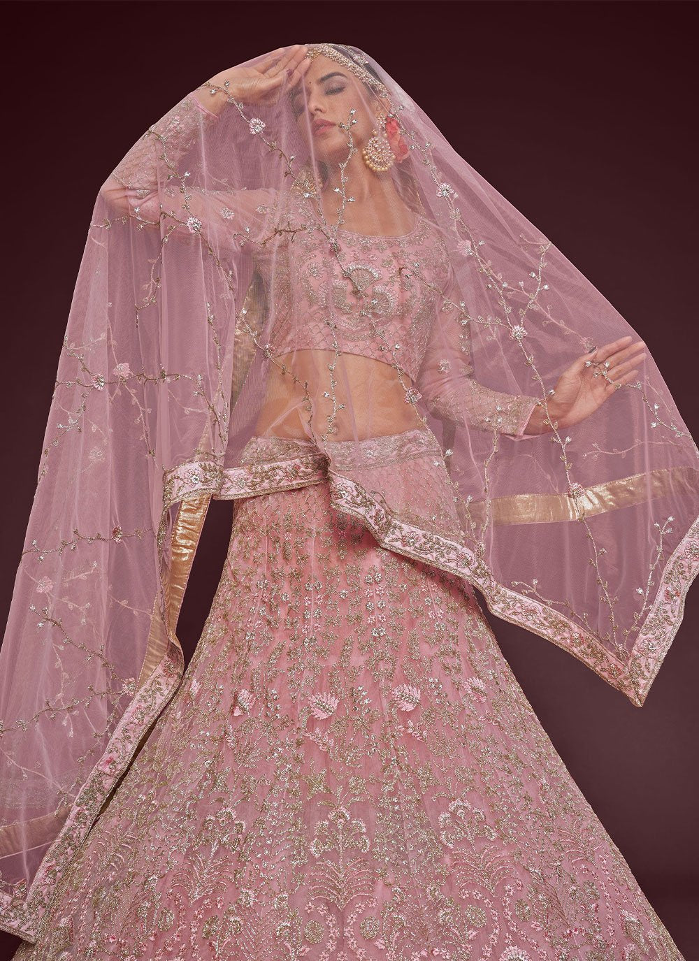 A Line Lehenga Net Pink Dori Work Lehenga Choli