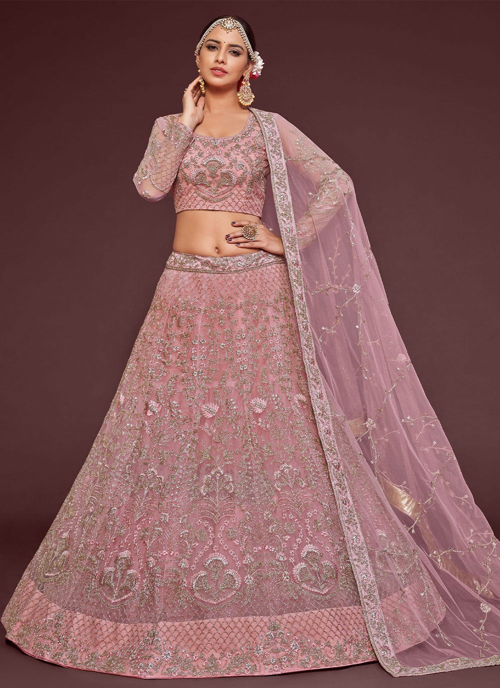 A Line Lehenga Net Pink Dori Work Lehenga Choli