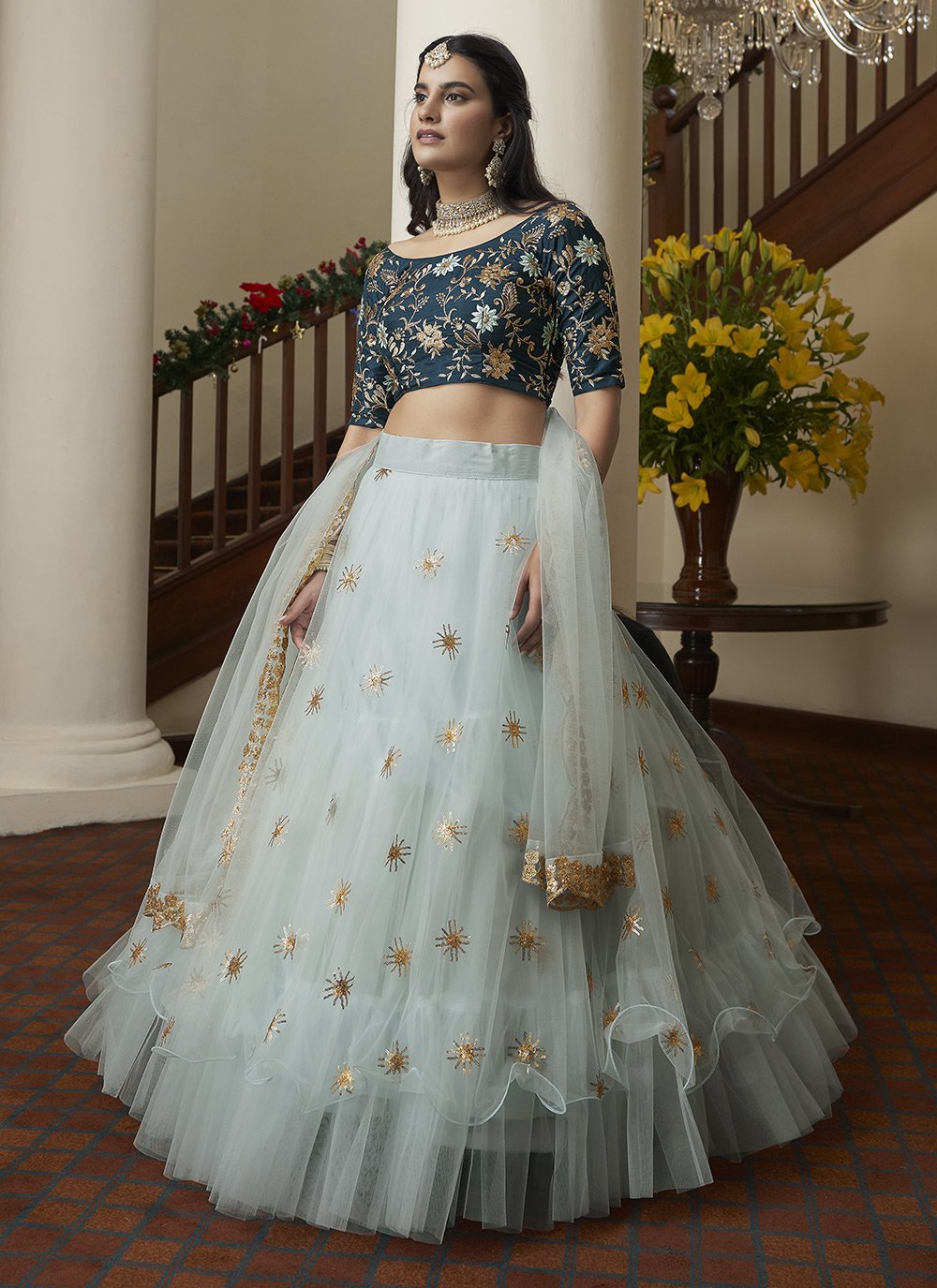 A Line Lehenga Net Aqua Blue Embroidered Lehenga Choli