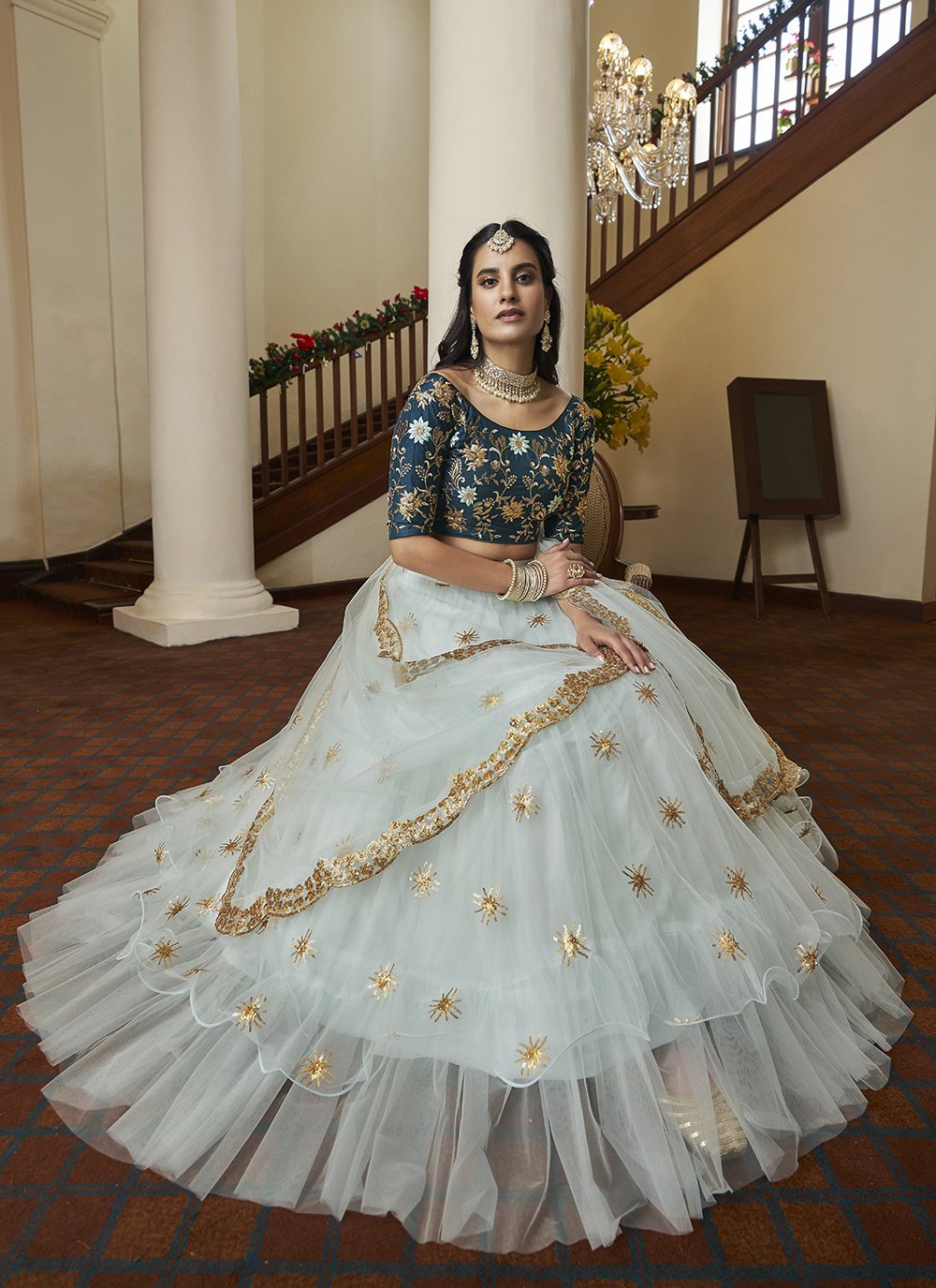 A Line Lehenga Net Aqua Blue Embroidered Lehenga Choli