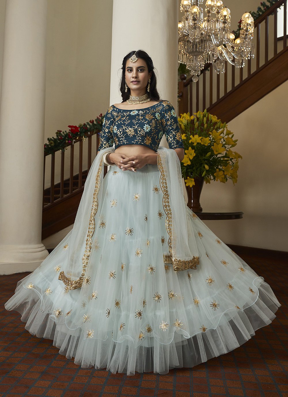 A Line Lehenga Net Aqua Blue Embroidered Lehenga Choli