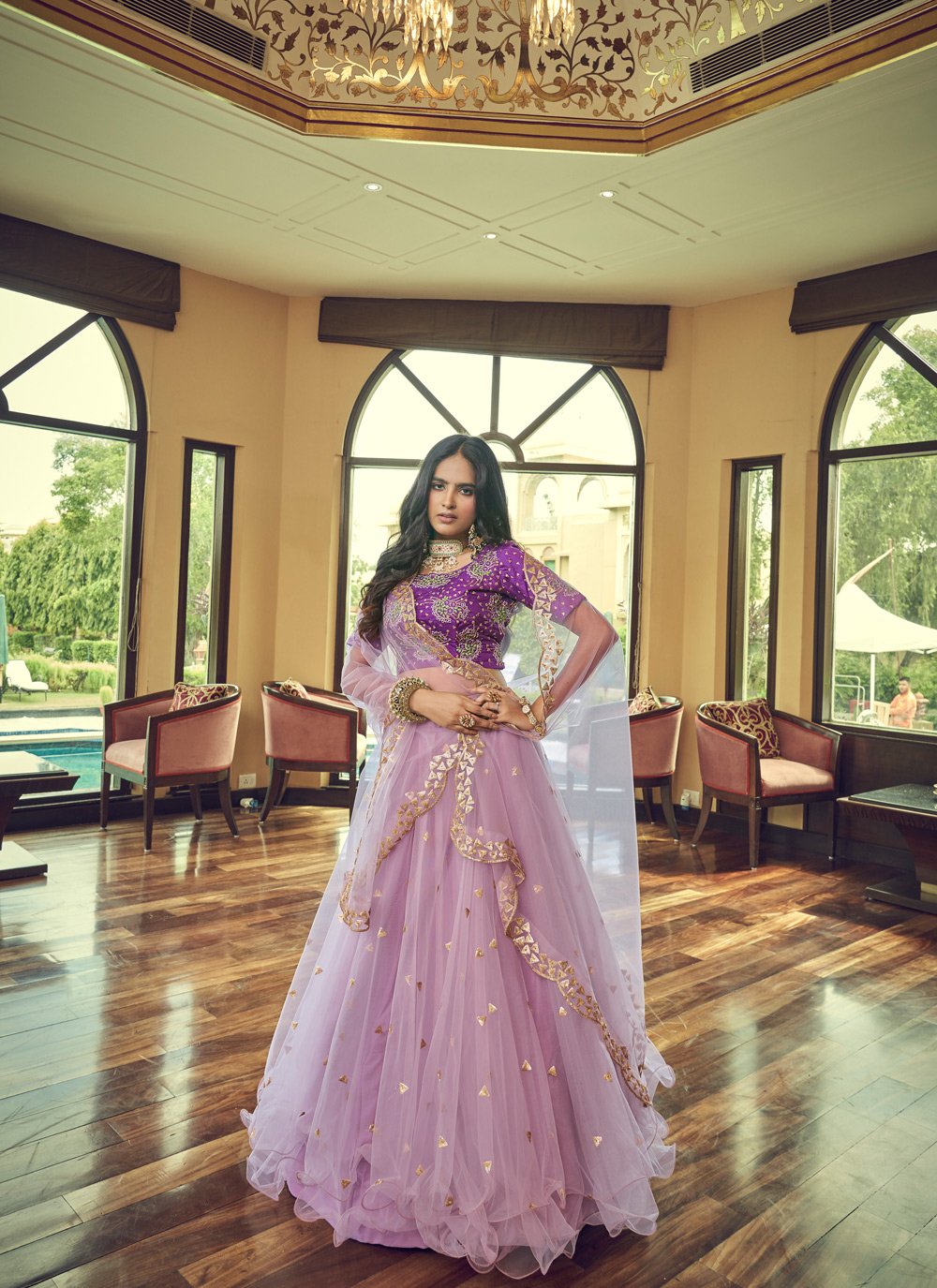 A Line Lehenga Net Purple Embroidered Lehenga Choli