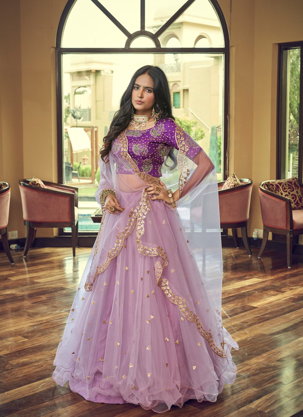 A Line Lehenga Net Purple Embroidered Lehenga Choli