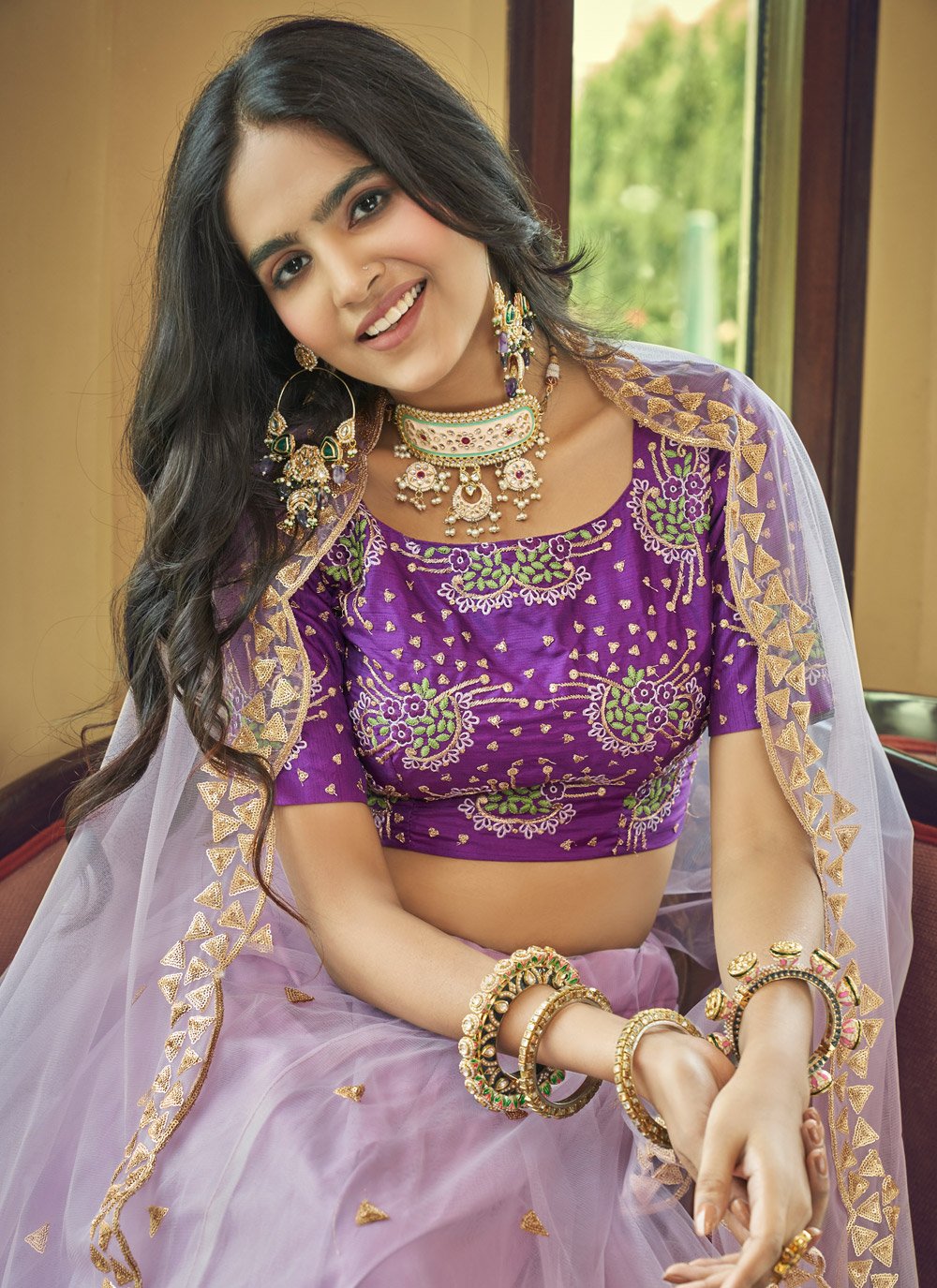 A Line Lehenga Net Purple Embroidered Lehenga Choli