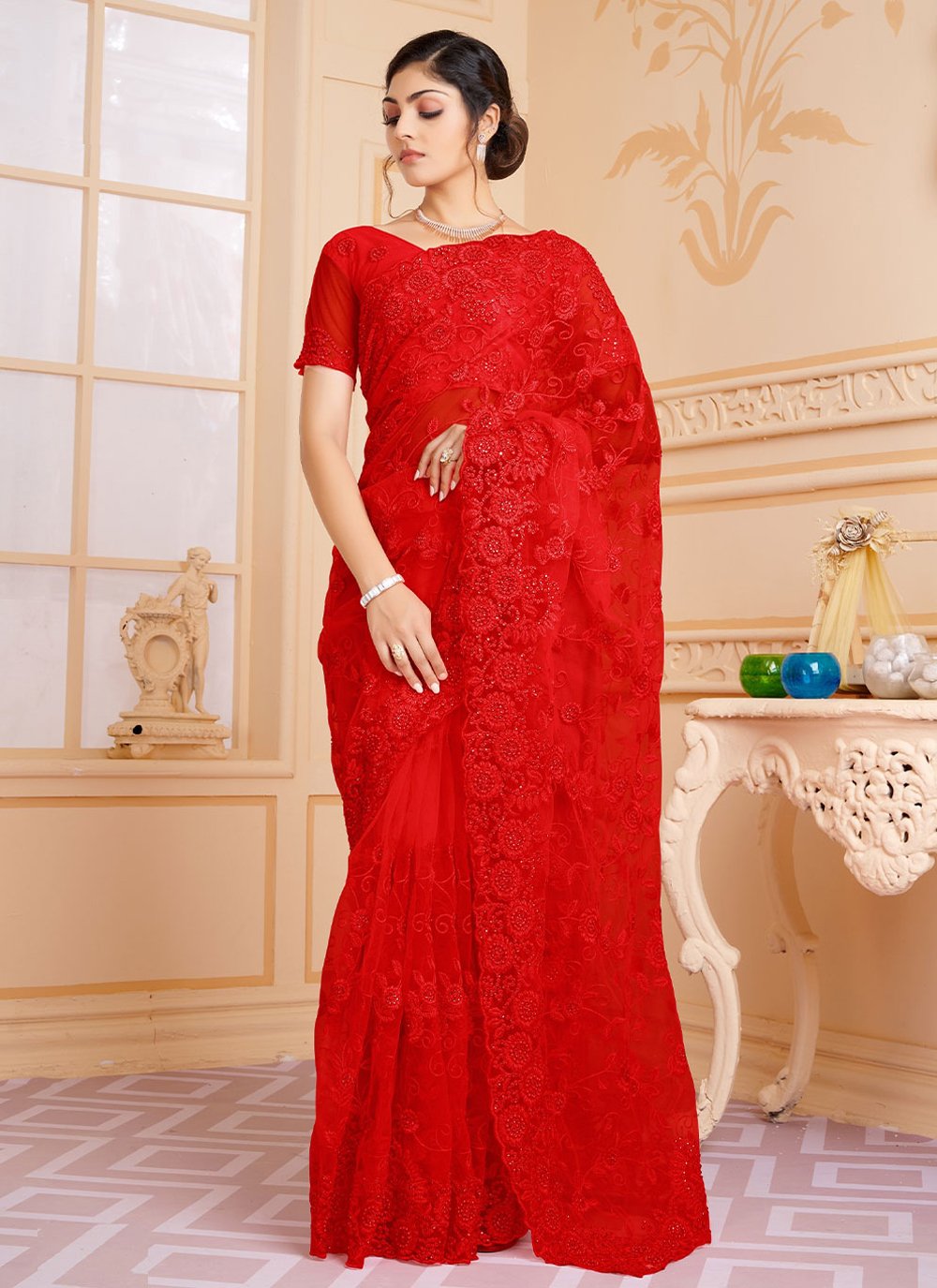 Traditional Saree Net Red Embroidered Saree