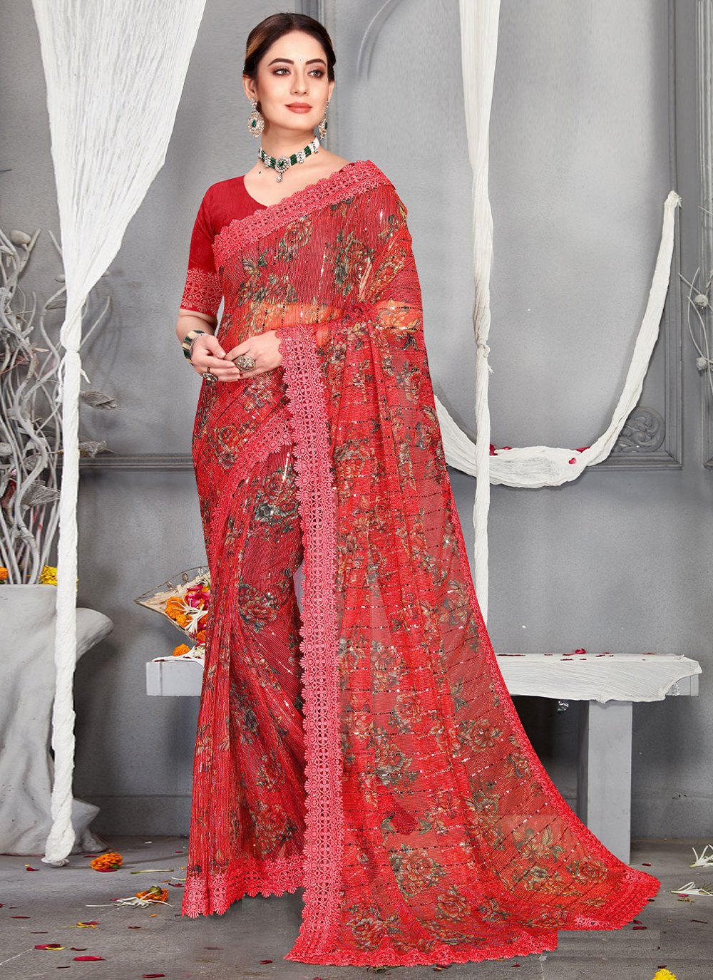 Traditional Saree Net Red Digital Print Saree