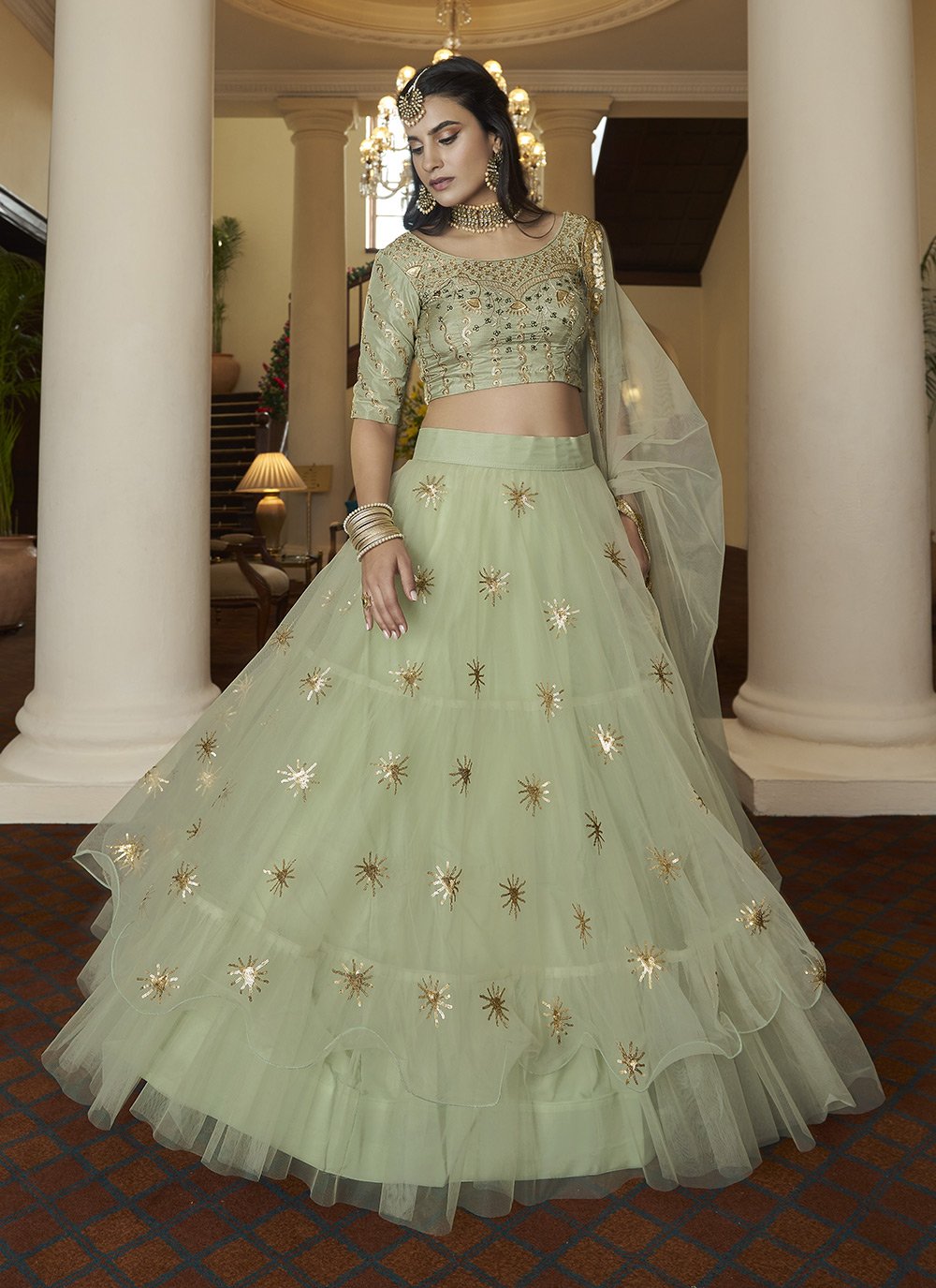 A Line Lehenga Net Green Embroidered Lehenga Choli