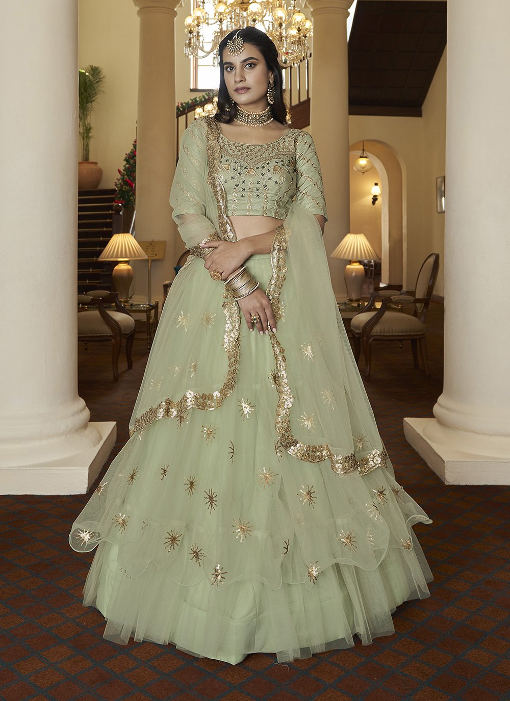 A Line Lehenga Net Green Embroidered Lehenga Choli