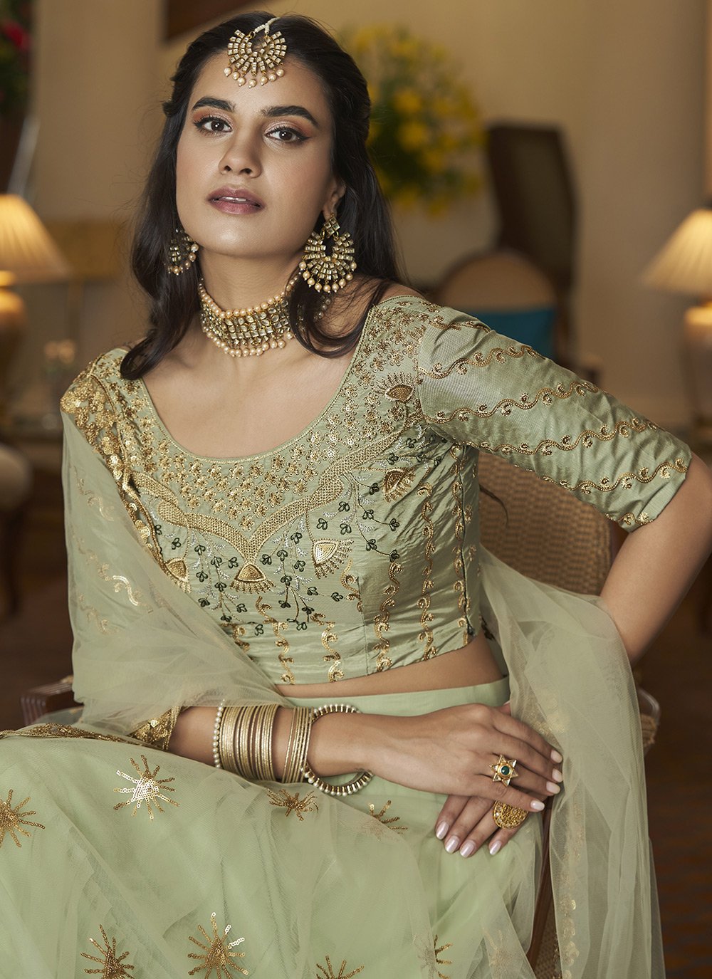 A Line Lehenga Net Green Embroidered Lehenga Choli