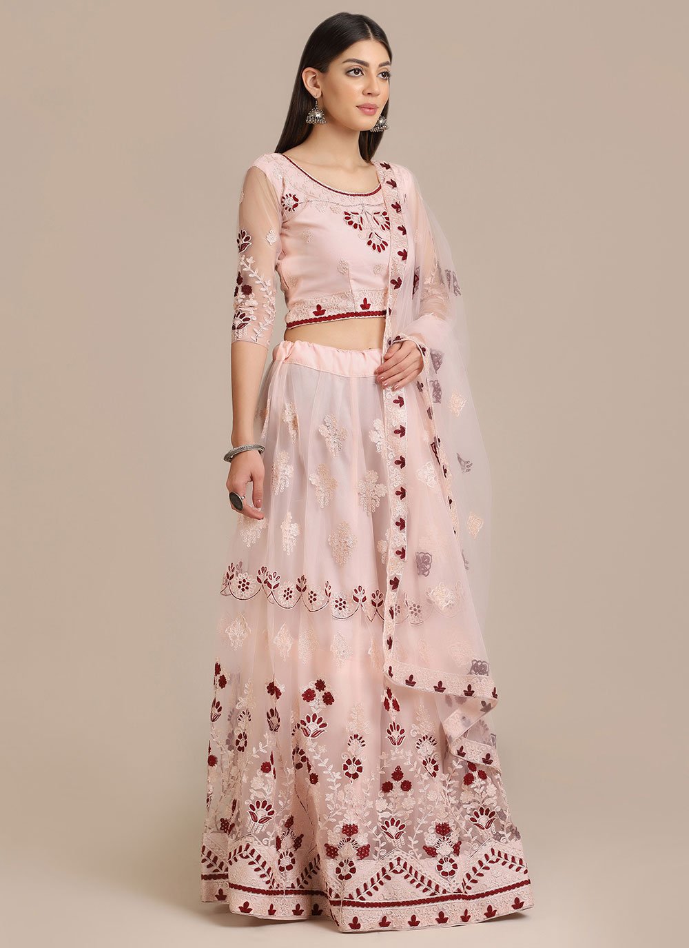 Lehenga Choli Net Pink Embroidered Lehenga Choli