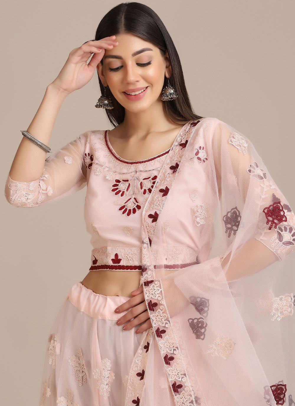 Lehenga Choli Net Pink Embroidered Lehenga Choli