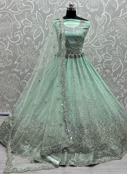 Lehenga Choli Net Green Embroidered Lehenga Choli