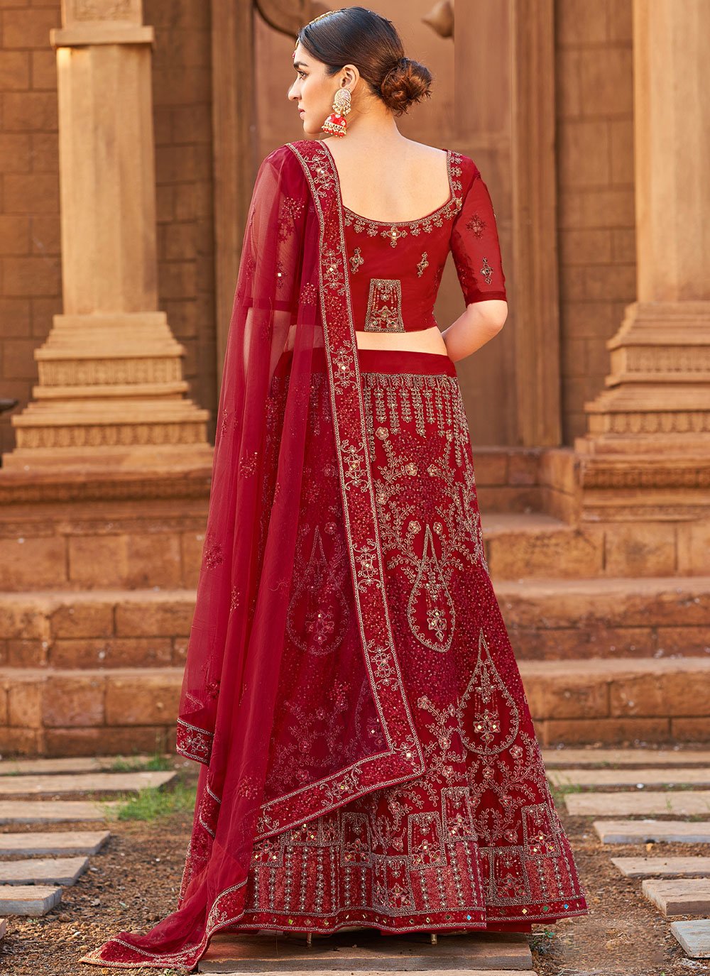 Lehenga Choli Net Red Chikankari Work Lehenga Choli