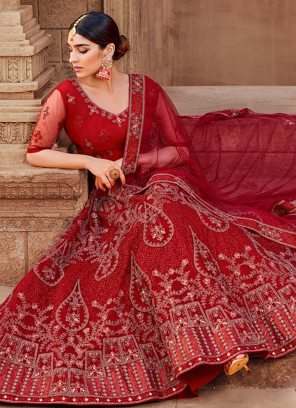 Lehenga Choli Net Red Chikankari Work Lehenga Choli