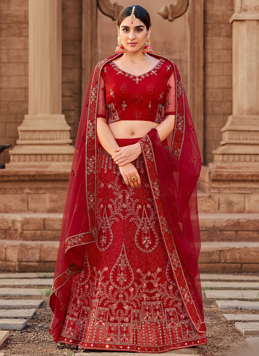 Lehenga Choli Net Red Chikankari Work Lehenga Choli