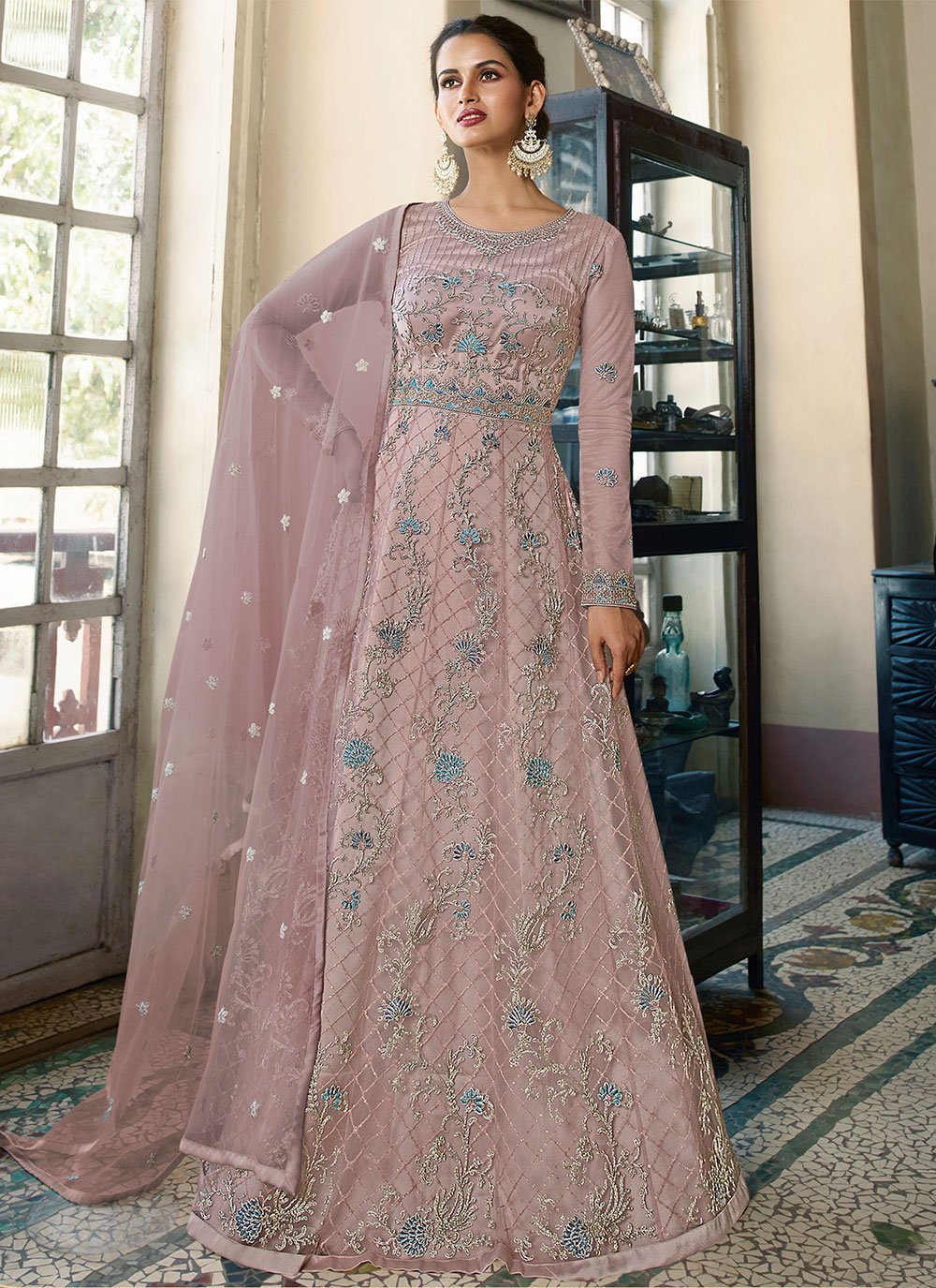 Salwar Suit Net Pink Embroidered Salwar Kameez