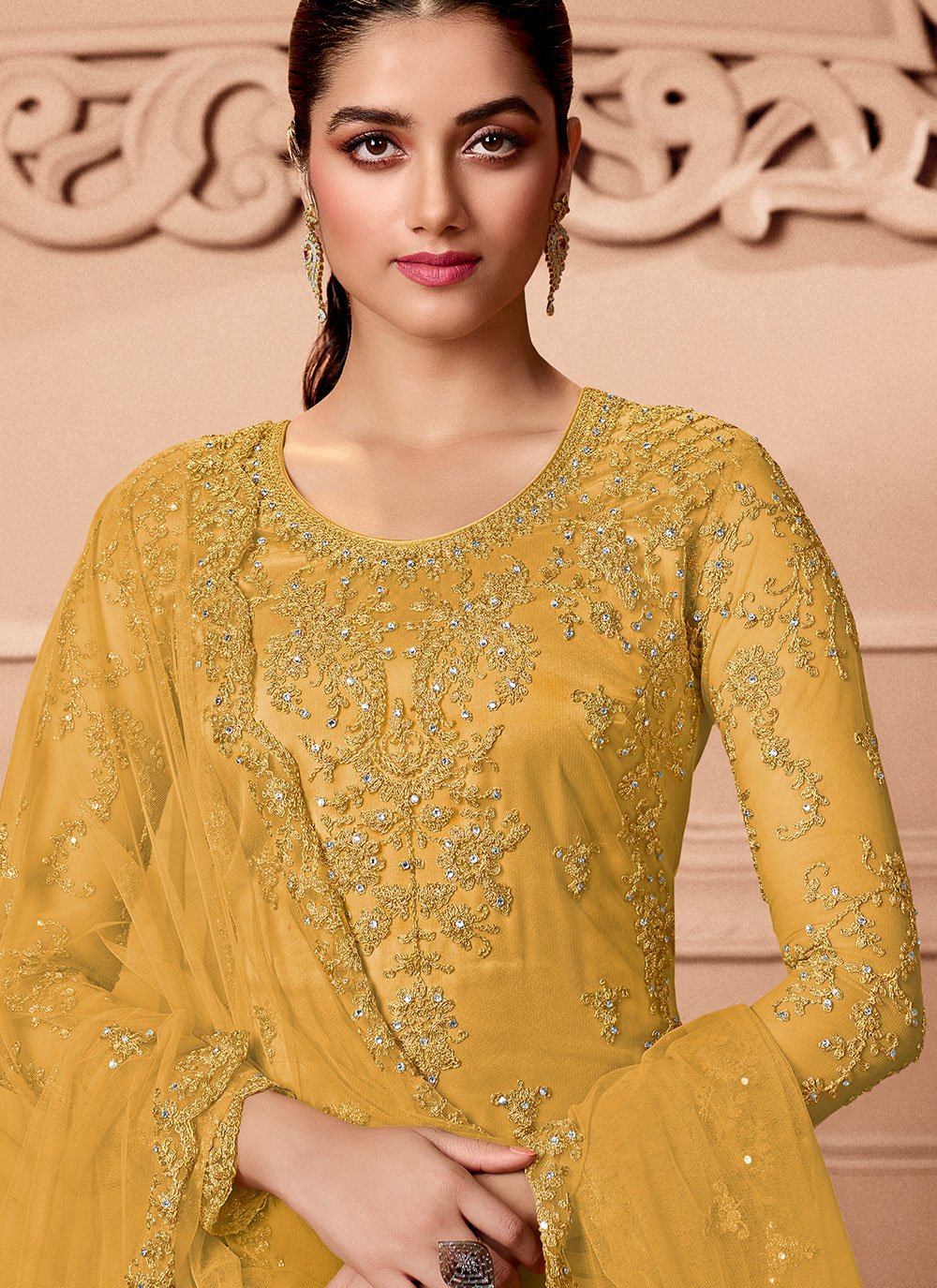 Salwar Suit Net Mustard Embroidered Salwar Kameez