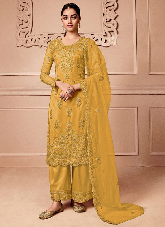 Salwar Suit Net Mustard Embroidered Salwar Kameez