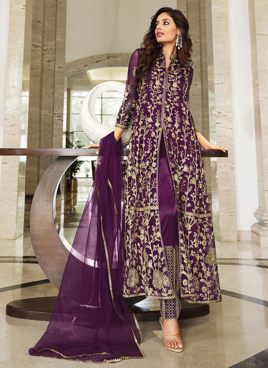 Trendy Suit Net Purple Cord Work Salwar Kameez