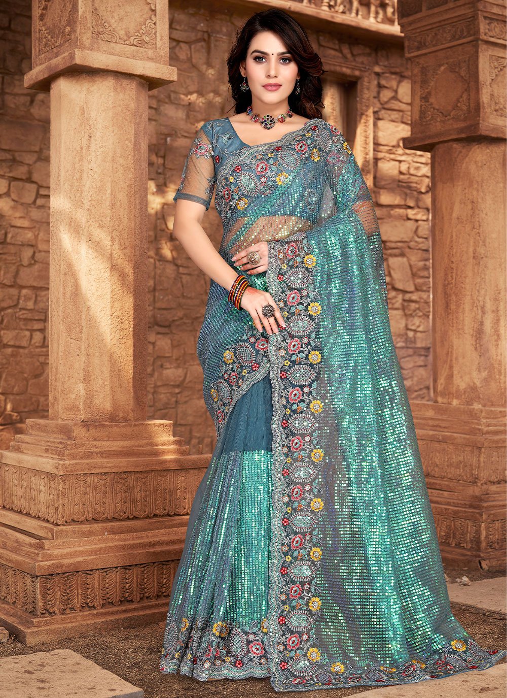 Trendy Saree Net Blue Embroidered Saree