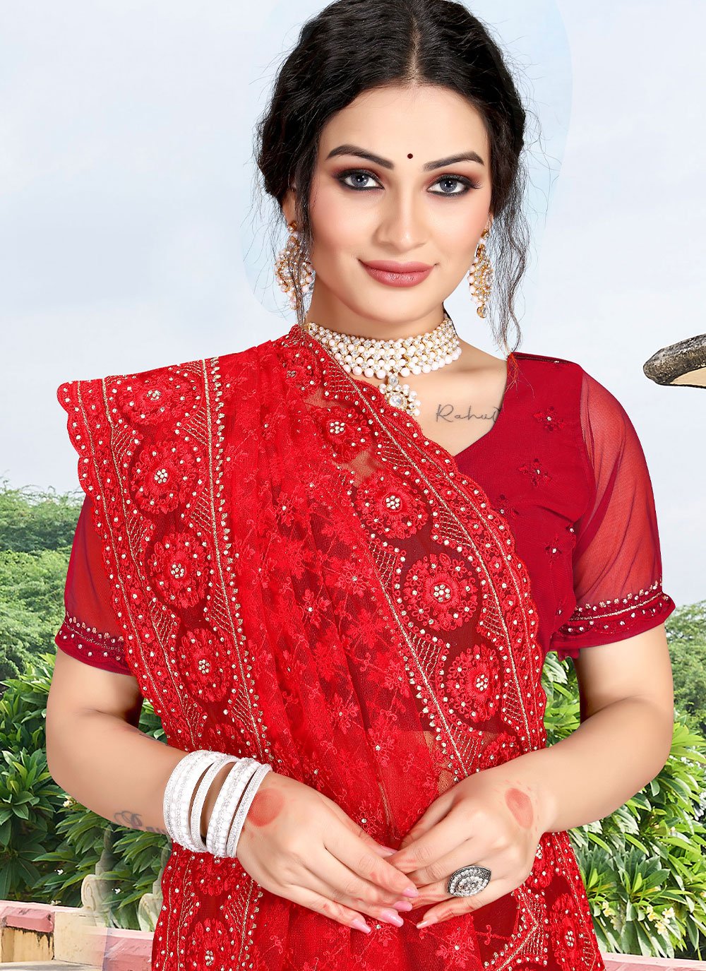 Trendy Saree Net Red Diamond Saree