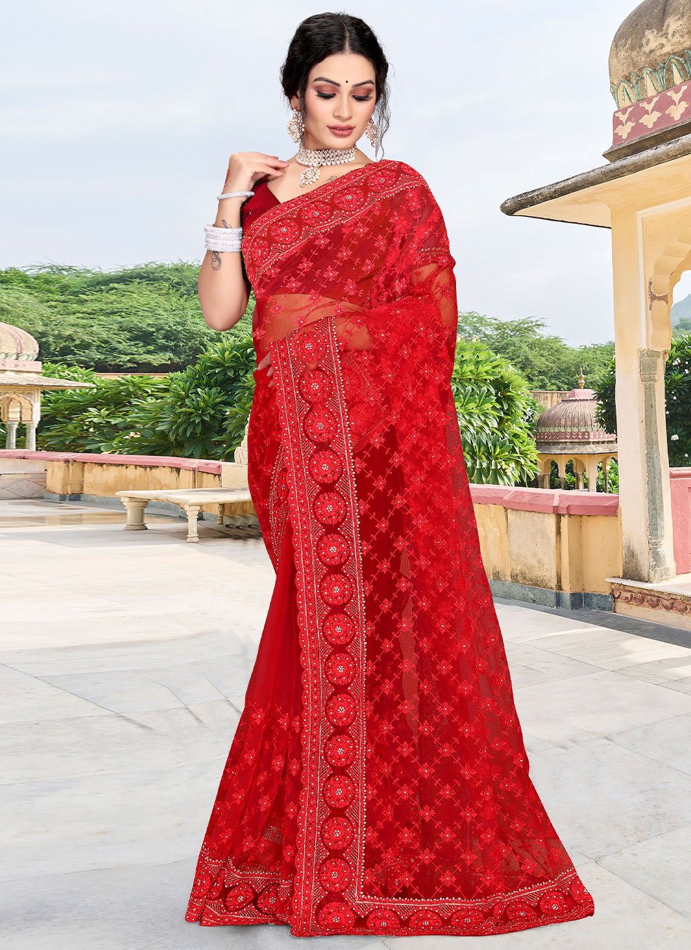 Trendy Saree Net Red Diamond Saree