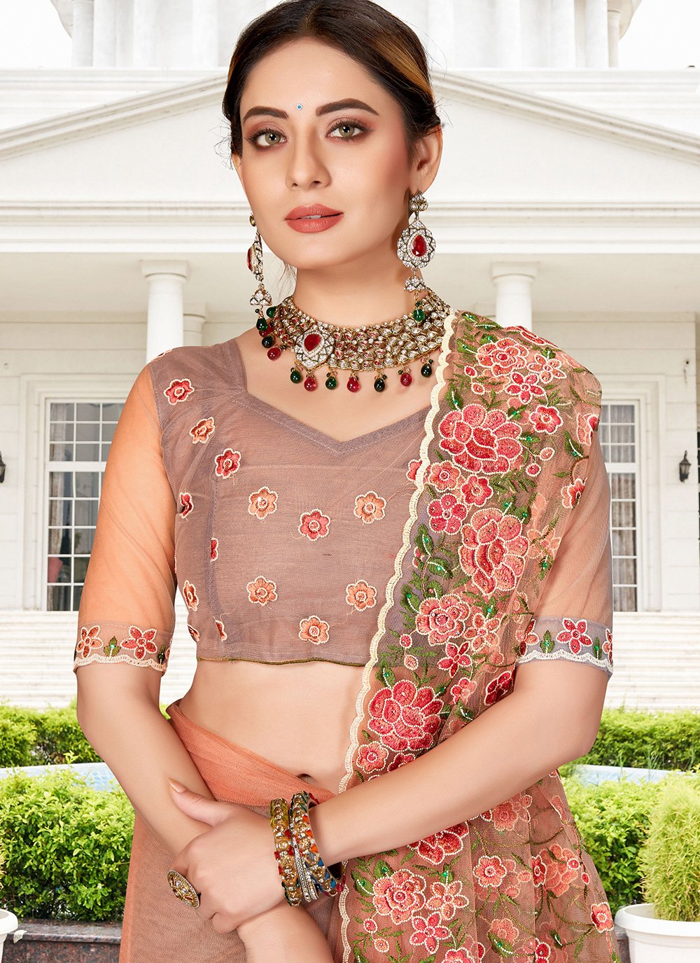 Trendy Saree Net Peach Embroidered Saree