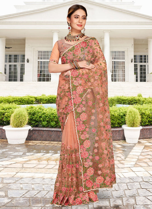 Trendy Saree Net Peach Embroidered Saree